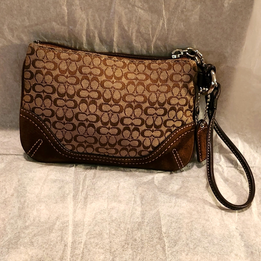 Coach Signature Small C Monogram Wristlet w/ Suede & Leather Brown 6.5 X 4.25
